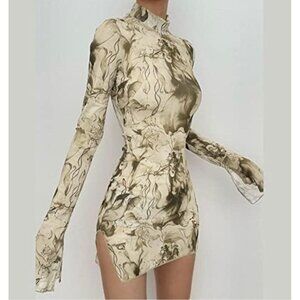 Unbranded Women's Mesh Printed Round Neck Bell Sleeve Slit Side Mini Dress S